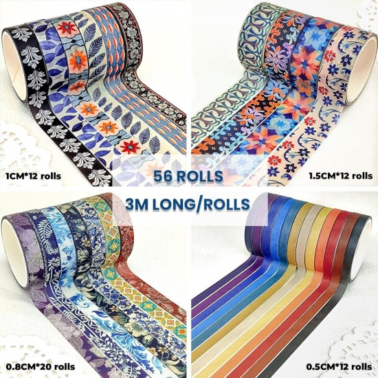 Floral Washi Tape Set, 56 Rolls Decorative Masking Tape for Journals & Crafts