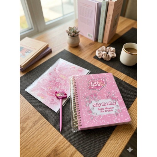 Girl Math Daily Planner Notebook Journal Gift Set W Pen & Stickers Pink