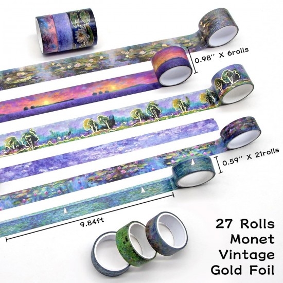 27 Rolls Washi Tape Set - Monet Gold Foil Vintage Decorative Masking Tape,Adhesi