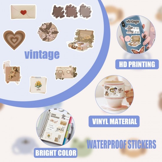 120pcs Vintage Stickers, Waterproof Scrapbook Aesthetic Sticker for Daily Planne