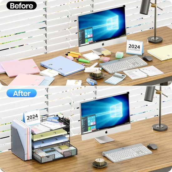 Desk Organizer, 4-Tier Desktop File Organizer with Drawer and Pen Holders, Offic