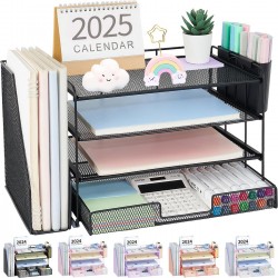 Desk Organizer, 4-Tier Desktop File Organizer with Drawer and Pen Holders, Offic