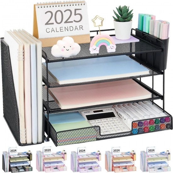 Desk Organizer, 4-Tier Desktop File Organizer with Drawer and Pen Holders, Offic