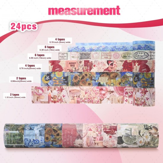24 Rolls Vintage Washi Tape Set Retro Floral Scrapbook Journal Craft DIY