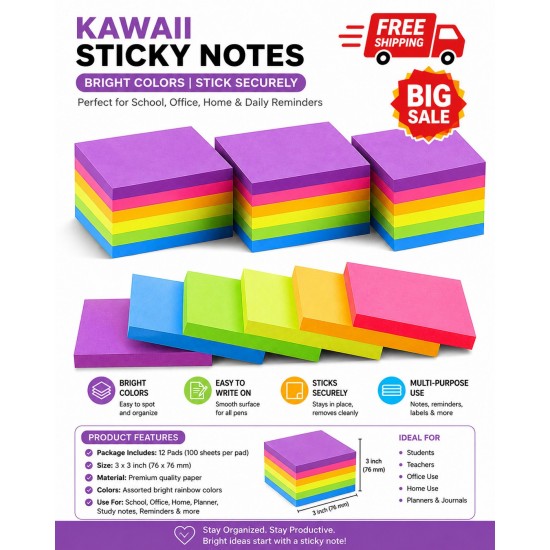 6 Pack Kawaii Sticky Notes Index Tabs Cute Memo Notepad School Office Stationery