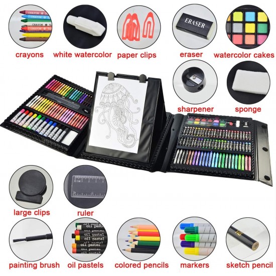 185pcs Art Set Drawing Art Box Oil Pastels Crayons Colored Pencils Markers Paint - Black
