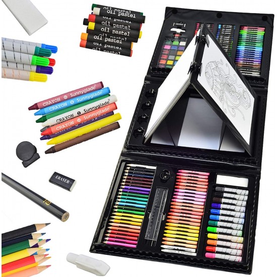 185pcs Art Set Drawing Art Box Oil Pastels Crayons Colored Pencils Markers Paint - Black