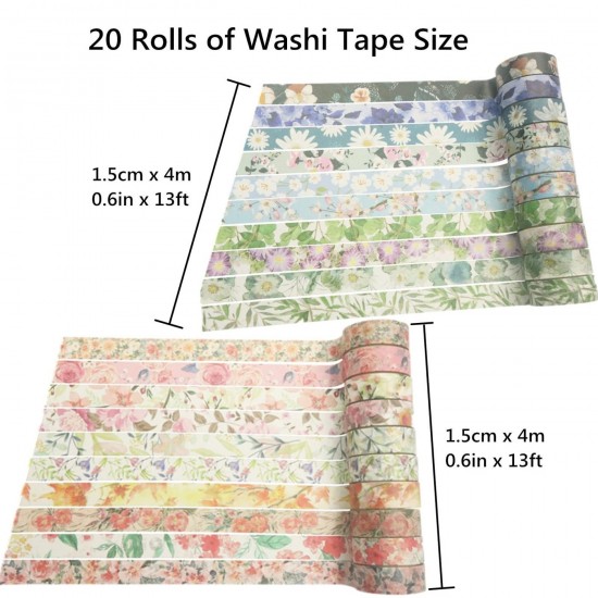 Floral Washi Tape Set - 20 Rolls, 15mm Decorative Paper Tapes for Scrapbooking