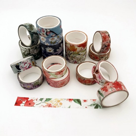Floral Washi Tape Set - 20 Rolls, 15mm Decorative Paper Tapes for Scrapbooking