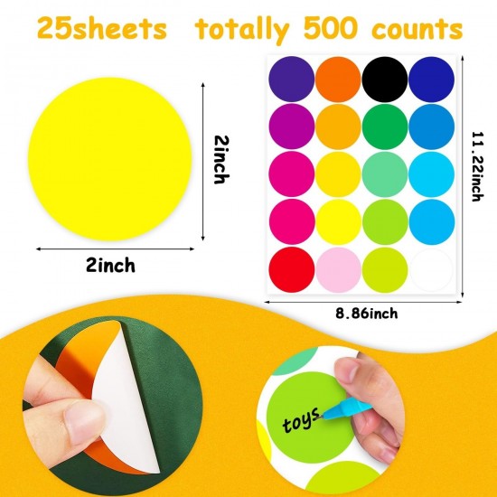 Dot Label Stickers 2 Inch 500 Large Circle Colored Round Self-Adhesive Solid