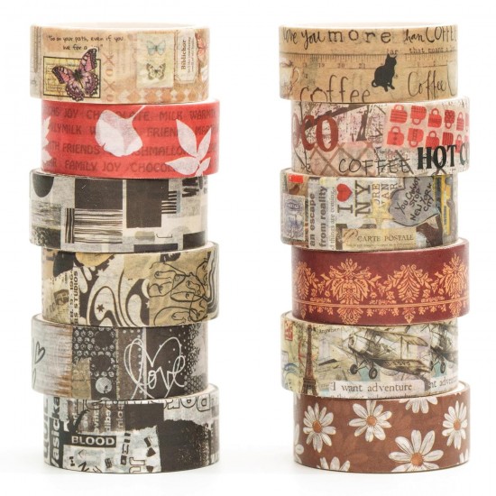 12 Rolls Artistic Expression Washi Tape Set Fine Arts Masking Tape Retro Plants